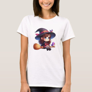 Adorable Cute Witch with 2 birds, Halloween T-Shirt