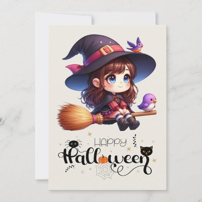 Adorable Cute Witch with 2 birds, Happy Halloween (Front)