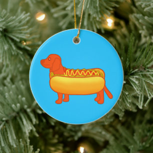 Adorable Dachshund Hot Dog Ceramic Tree Decoration