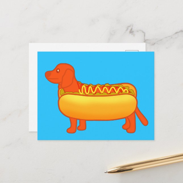 Adorable Dachshund Hot Dog Postcard (Front/Back In Situ)