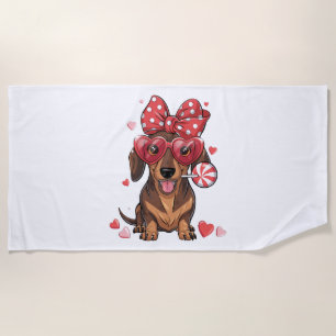 Adorable Dachshund In Heart Glasses And Polka Dot Beach Towel