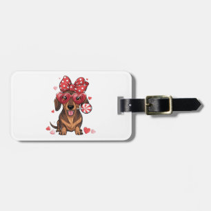 Adorable Dachshund In Heart Glasses And Polka Dot Luggage Tag