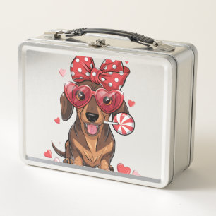 Adorable Dachshund In Heart Glasses And Polka Dot Metal Lunch Box