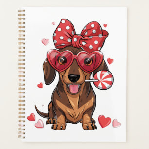 Adorable Dachshund In Heart Glasses And Polka Dot Planner