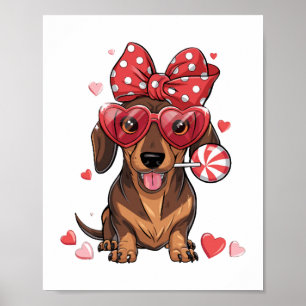 Adorable Dachshund In Heart Glasses And Polka Dot Poster