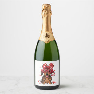 Adorable Dachshund In Heart Glasses And Polka Dot Sparkling Wine Label