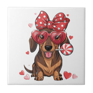 Adorable Dachshund In Heart Glasses And Polka Dot Tile