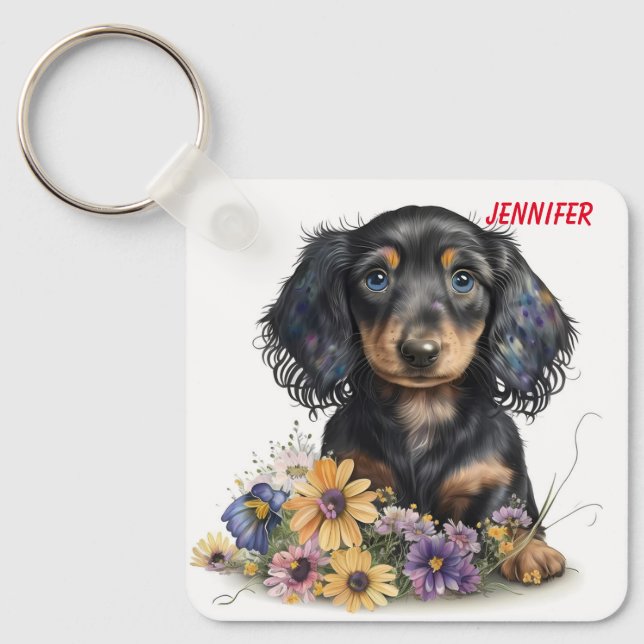 Adorable Dachshund Puppy Dog Key Ring (Front)