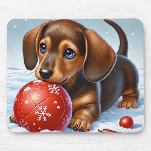 Adorable Dachshund Puppy Playing With Red Ball Mouse Mat (Front)