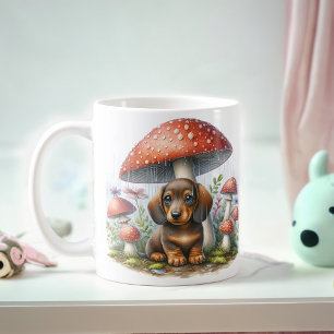 Adorable Dachshund Puppy Under Mushroom Umbrella Coffee Mug