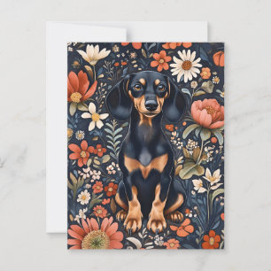 Adorable Dachshund Surrounded By Vibrant Flowers Postcard