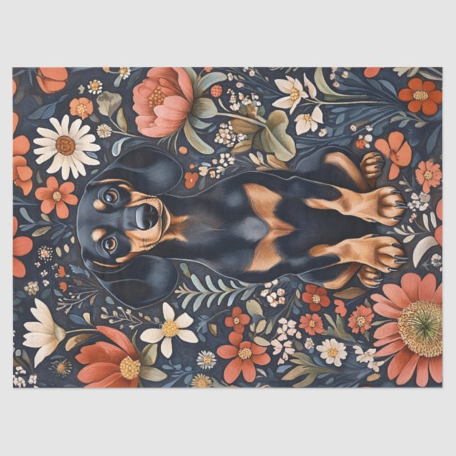 Adorable Dachshund Vibrant Flowers Decoupage Tissue Paper (Front)