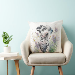 ADORABLE DALMATIAN PUPPY DOG WITH WILDFLOWERS CUSHION