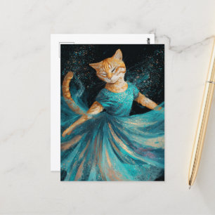 Adorable Dancing Ginger Cat in Blue Dress Postcard
