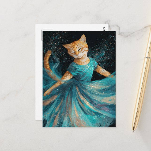 Adorable Dancing Ginger Cat in Blue Dress Postcard (Front/Back In Situ)
