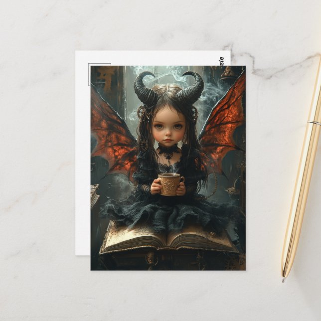 Adorable Dark Angel With Coffee and a Book Postcard (Front/Back In Situ)