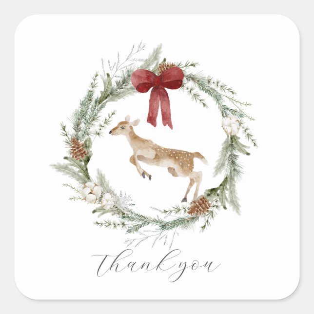 Adorable Deer Christmas Wreath Red Bow Thank You Square Sticker (Front)