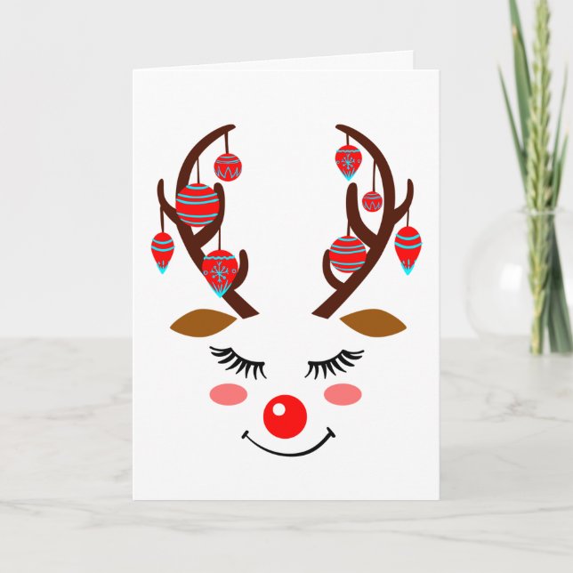 Adorable Deer Face with Ornaments on Antlers, ZKOA Holiday Card (Front)