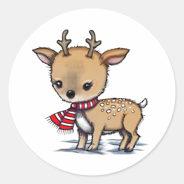 Adorable Deer in Scarf Illustrated Art Classic Round Sticker (Front)