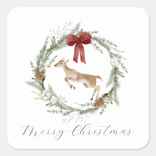 Adorable Deer Merry Christmas Wreath Red Bow Square Sticker (Front)