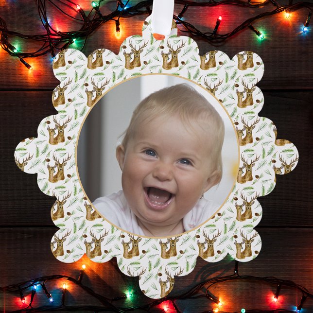 Adorable Deer Pattern Baby's First Christmas Photo Tree Decoration Card (Creator Uploaded)