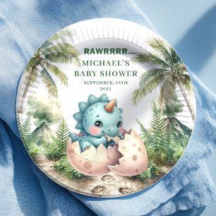 Adorable Dino Egg Baby Shower Hatching Soon Plates
