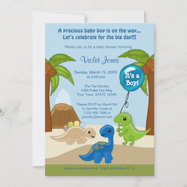 Adorable Dinosaur Baby Shower Invitations Boy (Front)