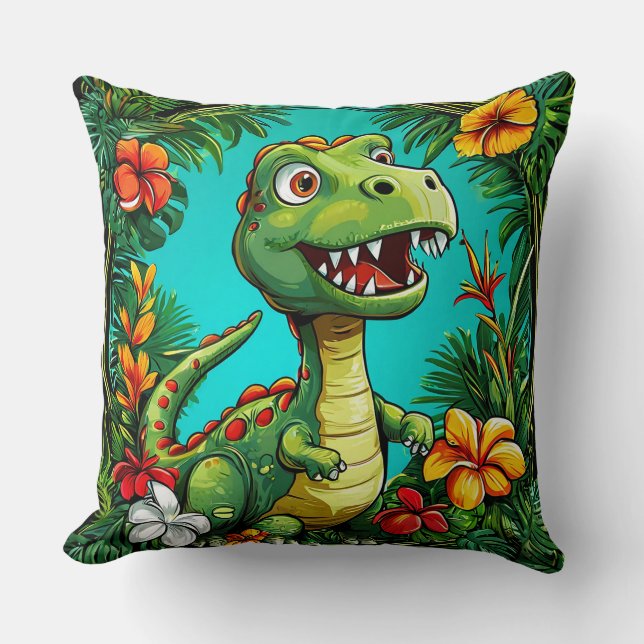Adorable Dinosaur Surrounded by Colourful Flowers Cushion (Front)