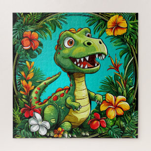 Adorable Dinosaur Surrounded by Colourful Flowers Jigsaw Puzzle