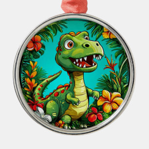 Adorable Dinosaur Surrounded by Colourful Flowers Metal Tree Decoration