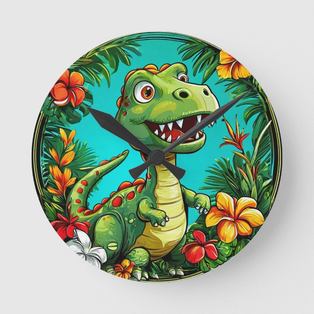Adorable Dinosaur Surrounded by Colourful Flowers Round Clock (Front)