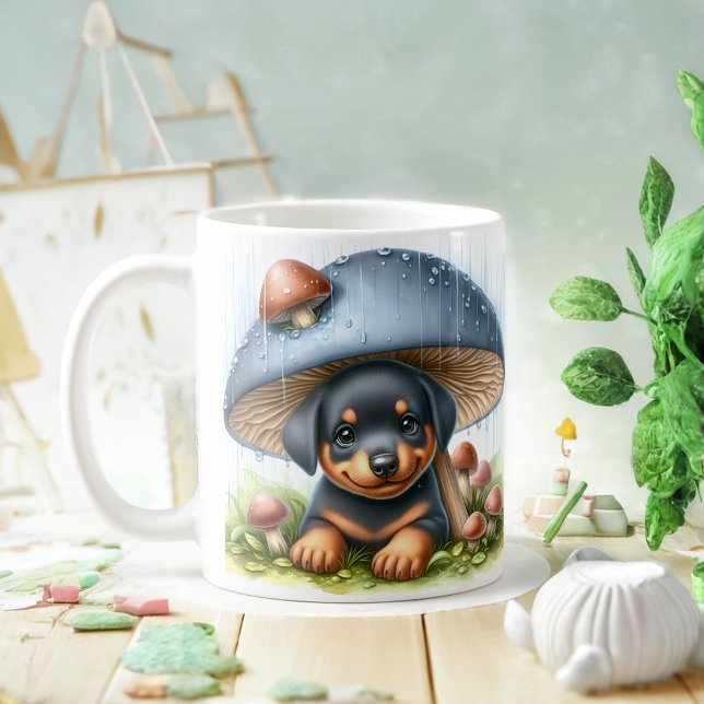 Adorable Doberman Puppy Under Mushroom Umbrella Coffee Mug (Creator Uploaded)