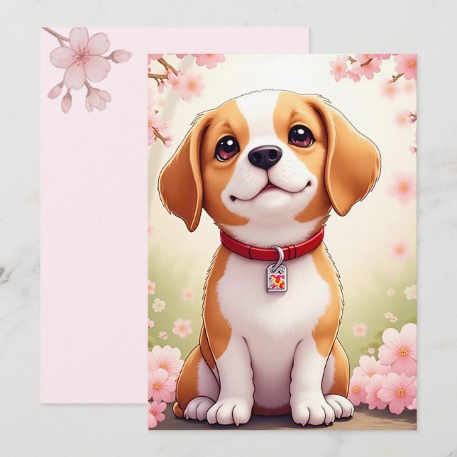 Adorable dog and blossoms Flat Holiday Card (Front/Back)