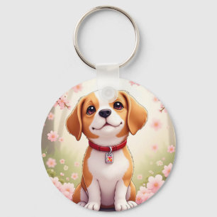 Adorable dog and blossoms key ring