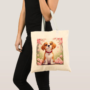 Adorable dog and blossoms tote bag
