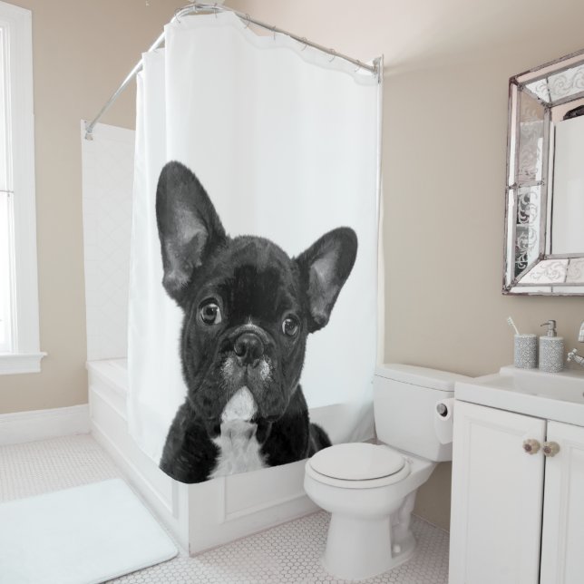 Adorable Dog | Black French Bulldog Face Shower Curtain (In Situ)