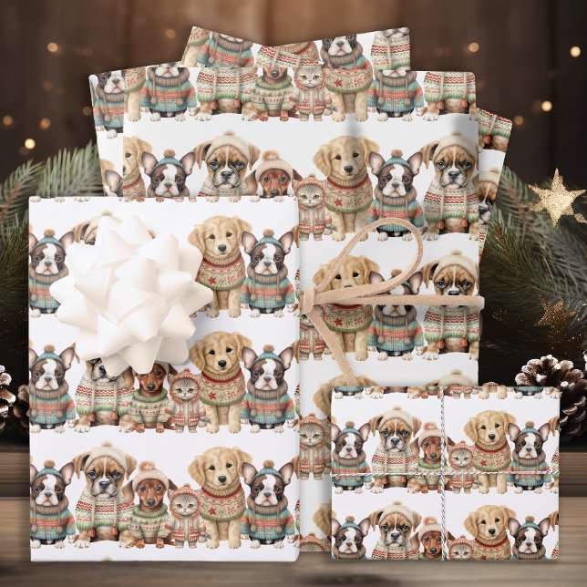 Adorable Dog Cat Pets Knitted Sweaters Christmas Wrapping Paper Sheet (Creator Uploaded)