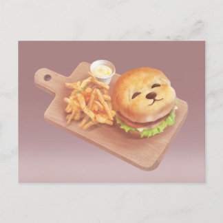 Adorable Dog Face Burger with Fries Announcement Postcard