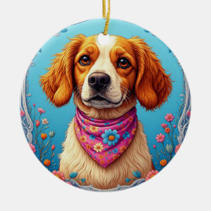 Adorable Dog Framed by Colourful Flowers Ceramic Tree Decoration