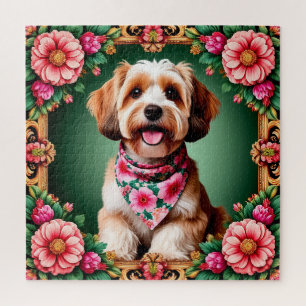 Adorable Dog Framed by Colourful Flowers Jigsaw Puzzle
