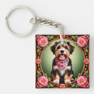 Adorable Dog Framed by Colourful Flowers Key Ring