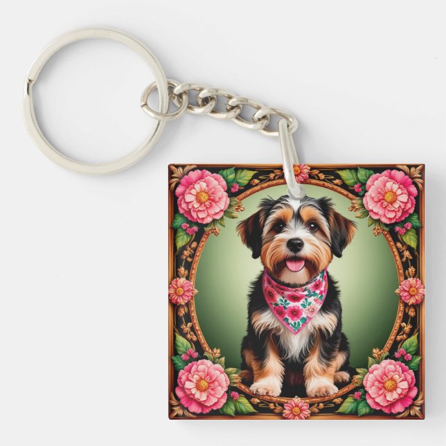 Adorable Dog Framed by Colourful Flowers Key Ring (Front)
