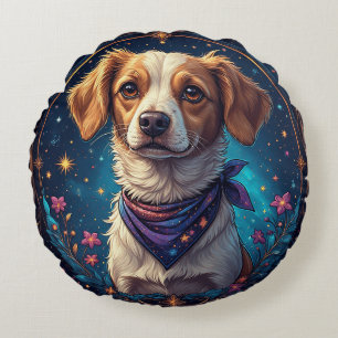 Adorable Dog Framed by Colourful Flowers Round Cushion
