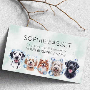 Adorable dog grooming, watercolor green business card