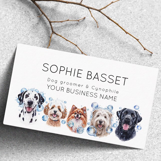 Adorable dog grooming, watercolor white business card (Creator Uploaded)