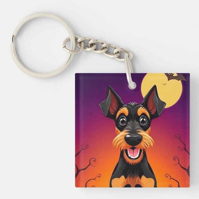 Adorable Dog in Halloween Scene Key Ring (Front)