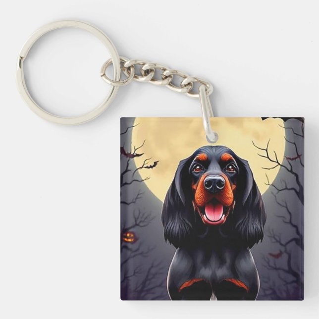 Adorable Dog in Halloween Scene with Pumpkins Key Ring (Front)