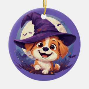Adorable Dog in Witch Hat Ceramic Tree Decoration