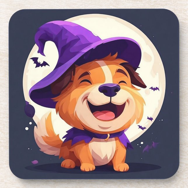 Adorable Dog in Witch Hat Coaster (Front)