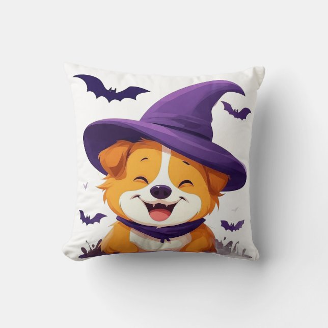 Adorable Dog in Witch Hat Cushion (Front)